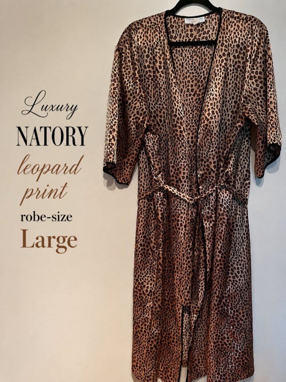 NATORI Private Luxuries Leopard Print Robe Silky Satin Lounge Sleepwear Sz L.